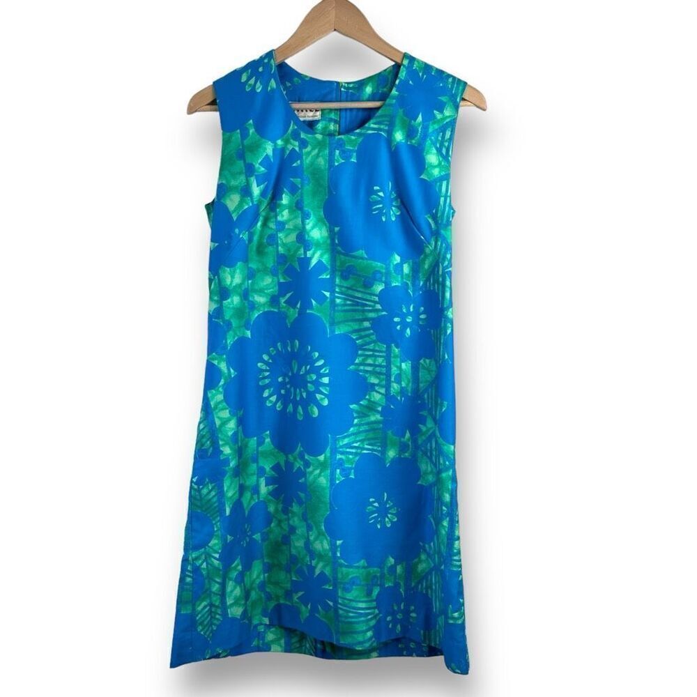 Vintage Alice Polynesian S Tropical Tank Dress Blue Green Retro Floral Hawaiian‎